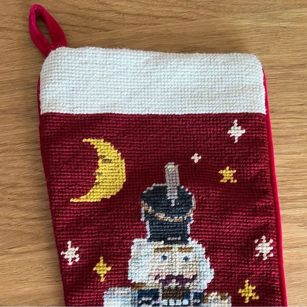 VTG Wool Needlepoint Nutcracker Christmas Stocking Red Velvet Back 20